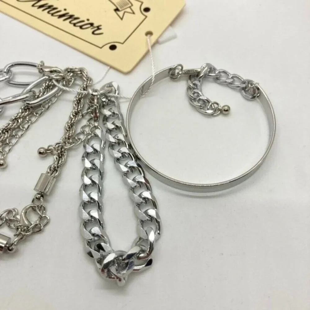 Xmimior Silver Tone Multi-Layer Bracelet Set Fashion Chain‎ & Bangle Cuff NEW